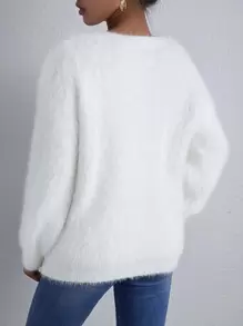 RueChic V Neck Fluffy Knit Jumper - White - View 2