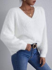 RueChic V Neck Fluffy Knit Jumper - White - View 3