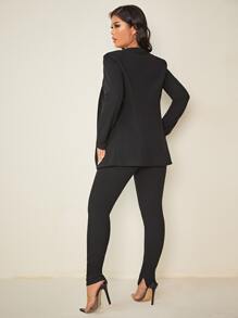 SHEIN SXY Áo khoác blazer hở trước trơn và quần ống suông xẻ tà cho mùa thu/đông - màu đen - Xem 2