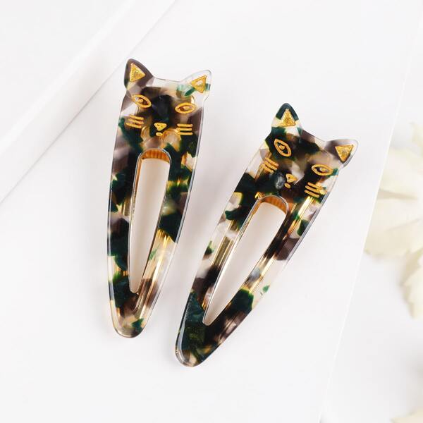 

2pcs Color Block Cat Decor Hair Clip, Multicolor