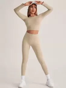 Activina 羅紋針織跑步緊身褲無縫吸汗透氣高彈力收復競技緊身打底褲 - 卡其色 - 查看 3