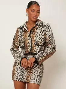 SHEINNeu Leopard Print Contrast Binding PU Leather Jacket - Multicolor - View 3