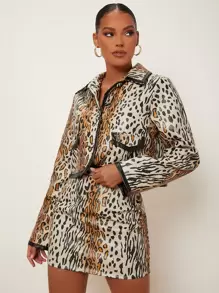 SHEINNeu Leopard Print Contrast Binding PU Leather Jacket - Multicolor - View 1