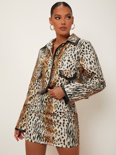SHEINNeu Leopard Print Contrast Binding PU Leather Jacket
