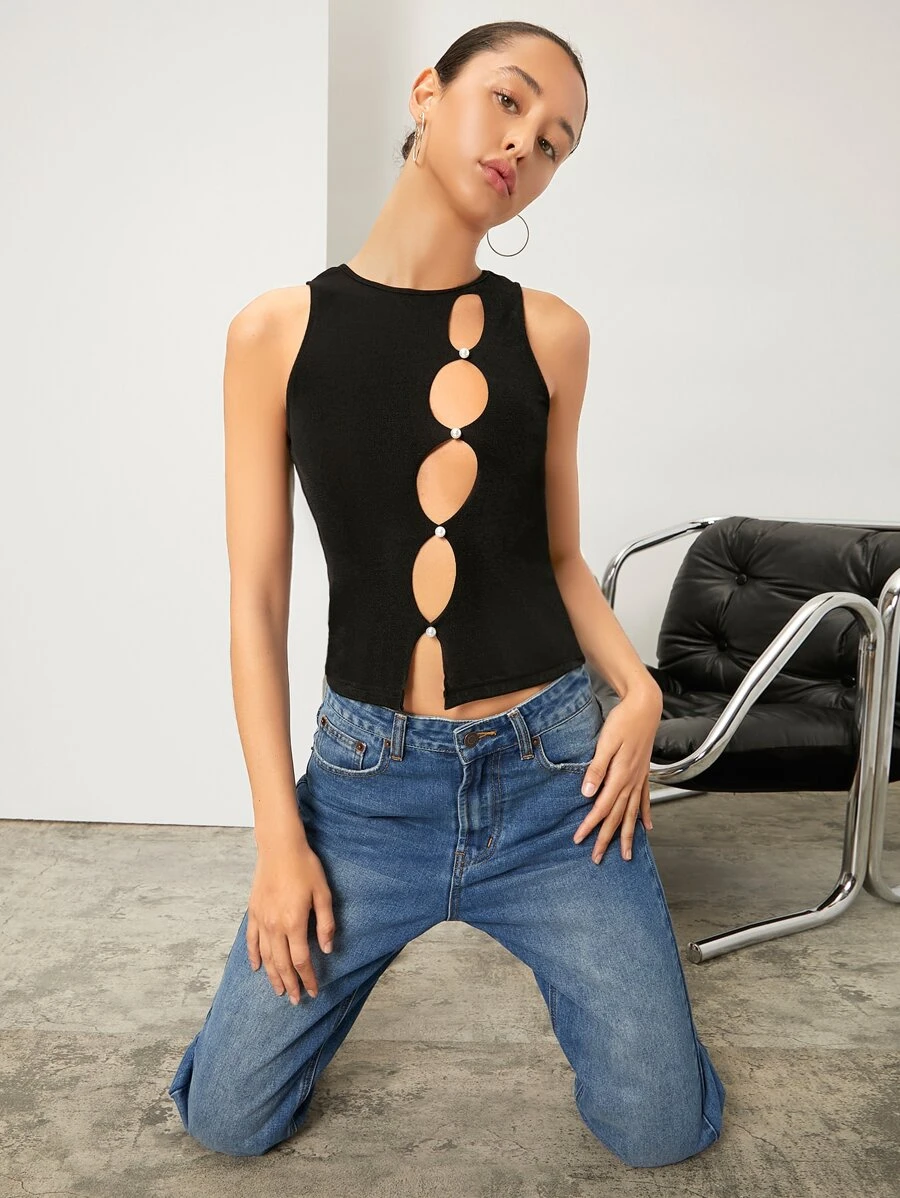 SHEIN ICON Cut-out Pearls Slit Hem Tank Top - Black - View 1