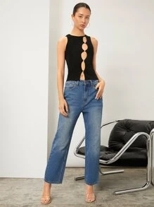 SHEIN ICON Cut-out Pearls Slit Hem Tank Top - Black - View 3