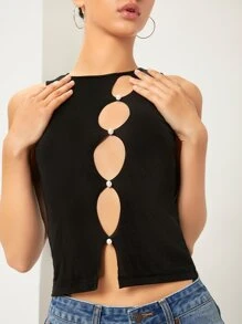 SHEIN ICON Cut-out Pearls Slit Hem Tank Top - Black - View 5