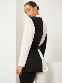 SHEIN Blazer de dos tonos con cinturón - Blanco y Negro - Ver 3
