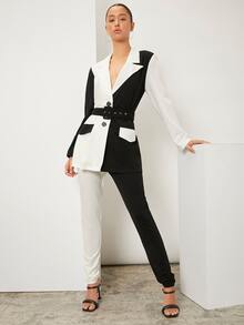 SHEIN Blazer de dos tonos con cinturón - Blanco y Negro - Ver 4
