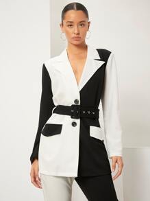 SHEIN Blazer de dos tonos con cinturón - Blanco y Negro - Ver 1