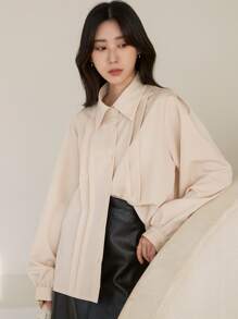 DAZY 素色褶皺襯衫 - 杏色 - 查看 1