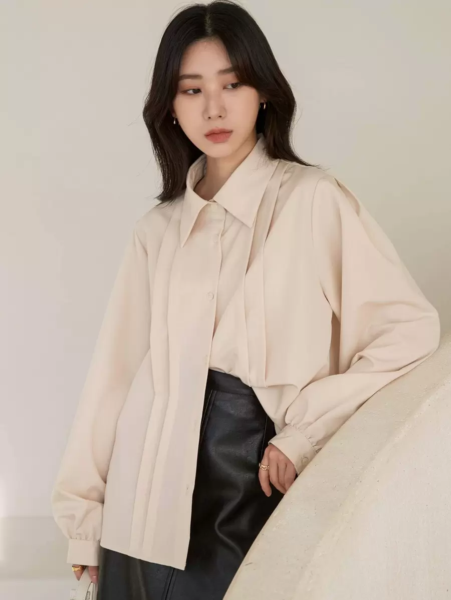 DAZY 素色褶皺襯衫 - 杏色 - 查看 1