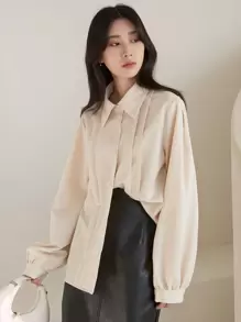 DAZY 素色褶皺襯衫 - 杏色 - 查看 5