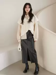 DAZY 素色褶皺襯衫 - 杏色 - 查看 7