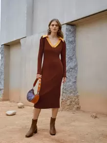 SHEIN Unity Đầm Chia Khối Màu Thanh lịch - Rỉ Nâu - Xem 1