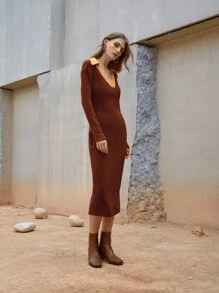 SHEIN Unity Đầm Chia Khối Màu Thanh lịch - Rỉ Nâu - Xem 4