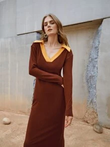 SHEIN Unity Đầm Chia Khối Màu Thanh lịch - Rỉ Nâu - Xem 5