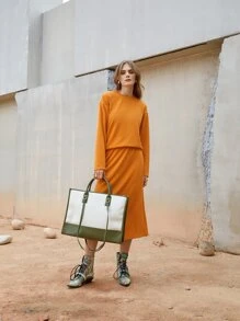 SHEIN 素色落肩T恤和半身裙 - 橘色 - 查看 1