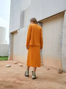 SHEIN 素色落肩T恤和半身裙 - 橘色 - 查看 2