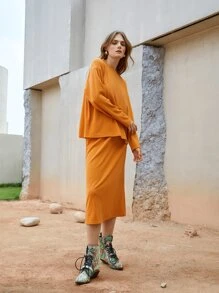 SHEIN 素色落肩T恤和半身裙 - 橘色 - 查看 3