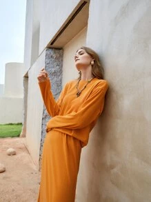 SHEIN 素色落肩T恤和半身裙 - 橘色 - 查看 4