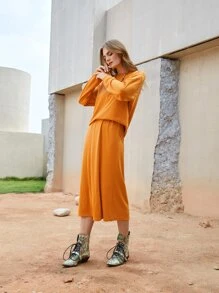 SHEIN 素色落肩T恤和半身裙 - 橘色 - 查看 5