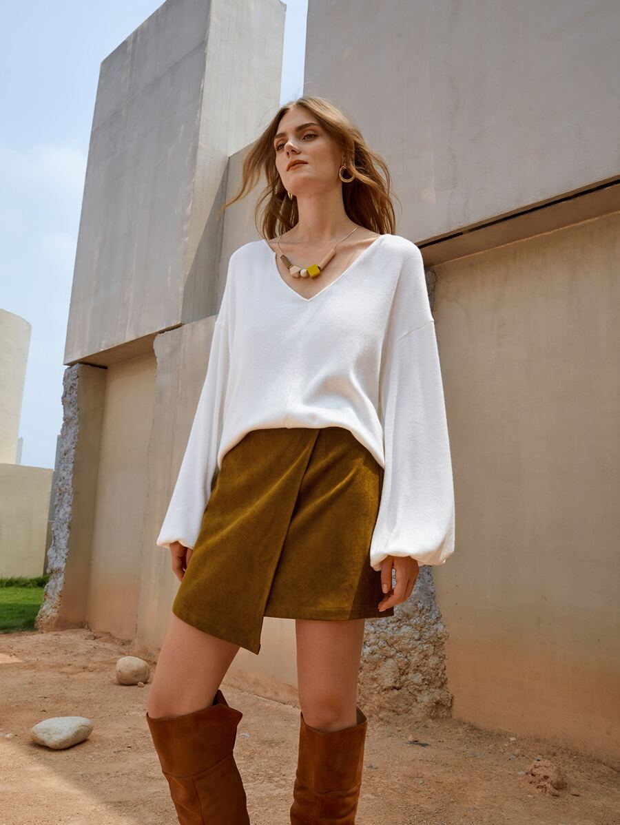 SHEIN V Neck Drop Shoulder Top - White - View 1