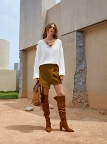 SHEIN V Neck Drop Shoulder Top - White - View 3