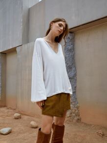 SHEIN V Neck Drop Shoulder Top - White - View 5