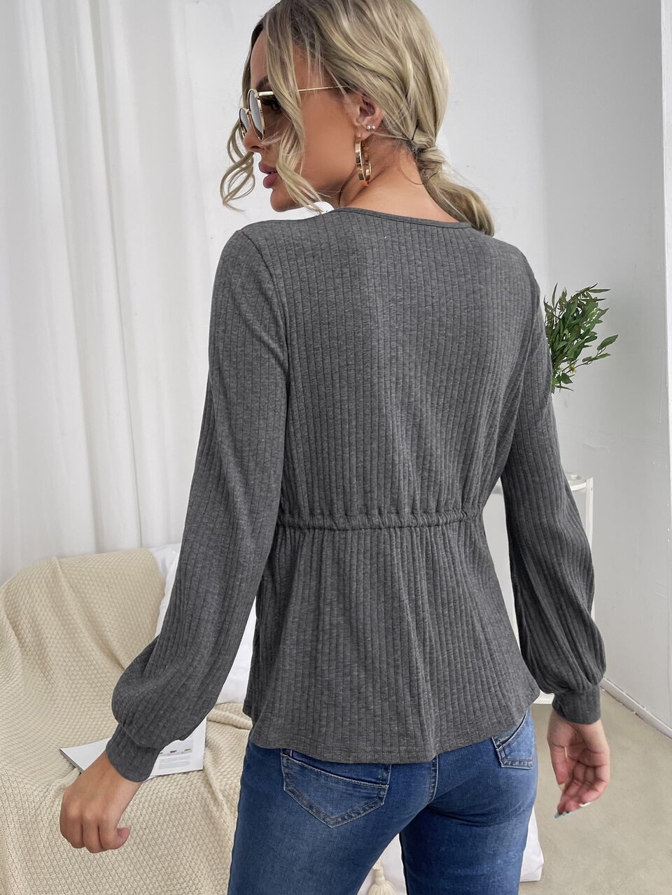 Drawstring Waist Split Hem Tee