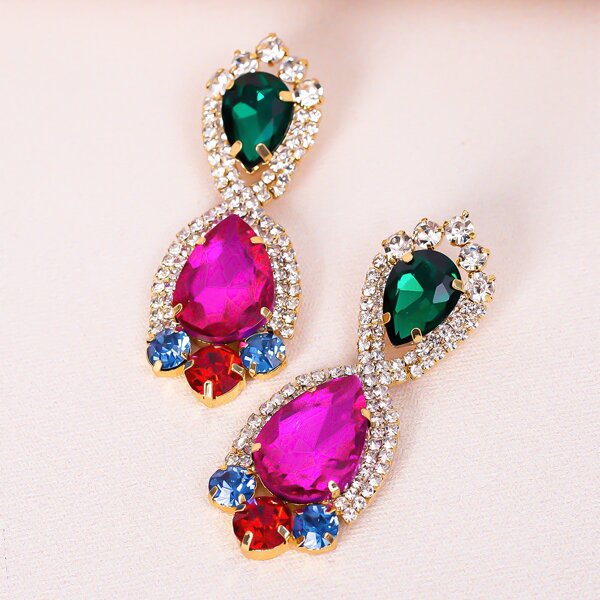 

Rhinestone Water Drop Decor Earrings, Multicolor