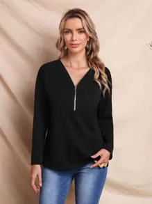 SHEIN Solid Zipper Placket T-Shirt - Black - View 1