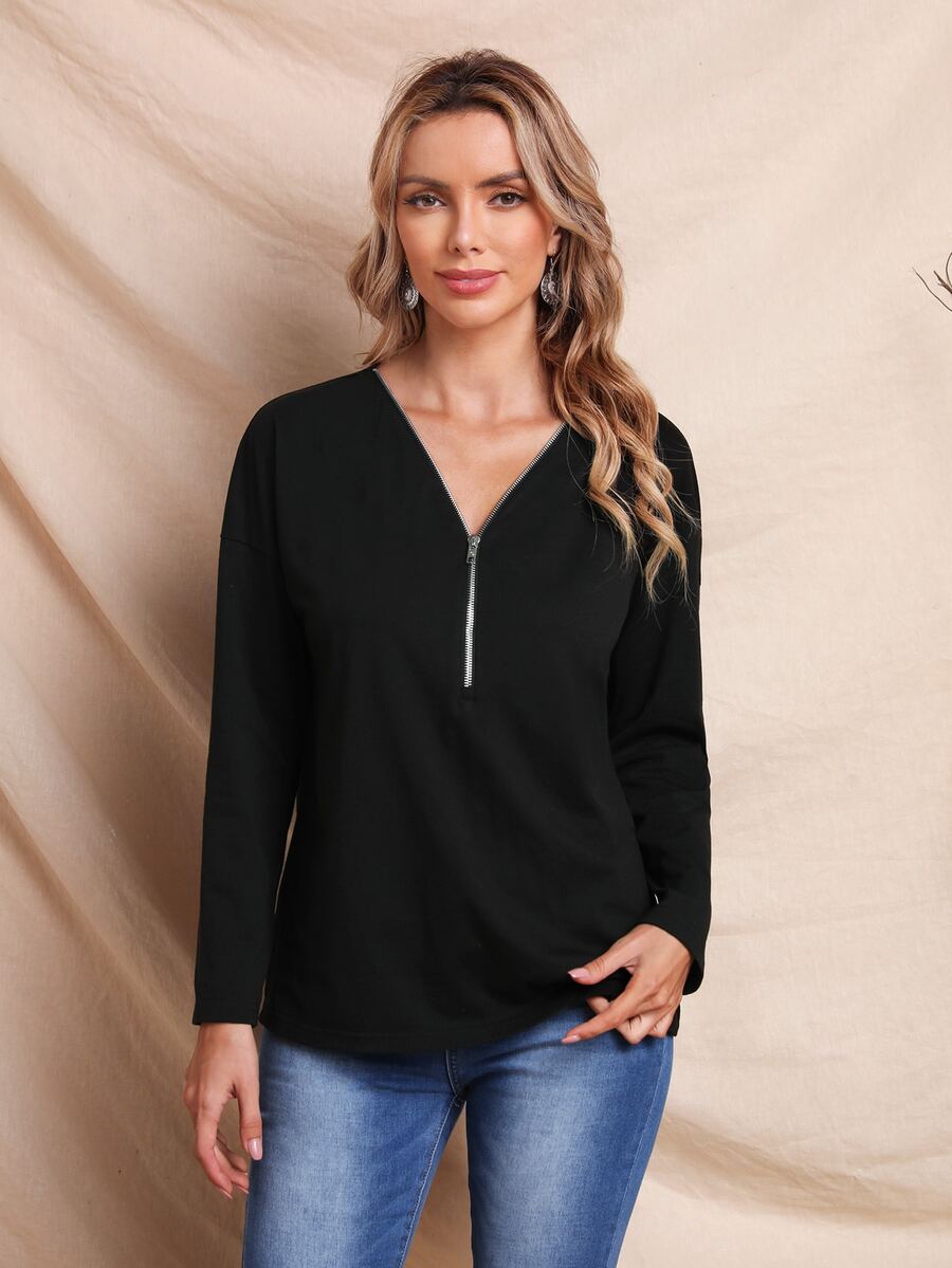 SHEIN Solid Zipper Placket T-Shirt - Black - View 1