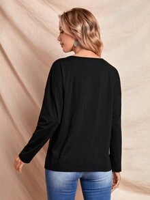 SHEIN Solid Zipper Placket T-Shirt - Black - View 2