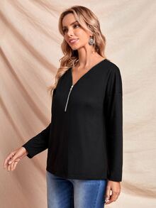 SHEIN Solid Zipper Placket T-Shirt - Black - View 3