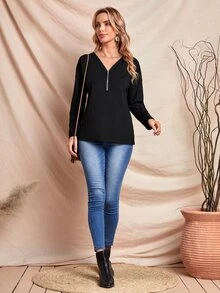 SHEIN Solid Zipper Placket T-Shirt - Black - View 4