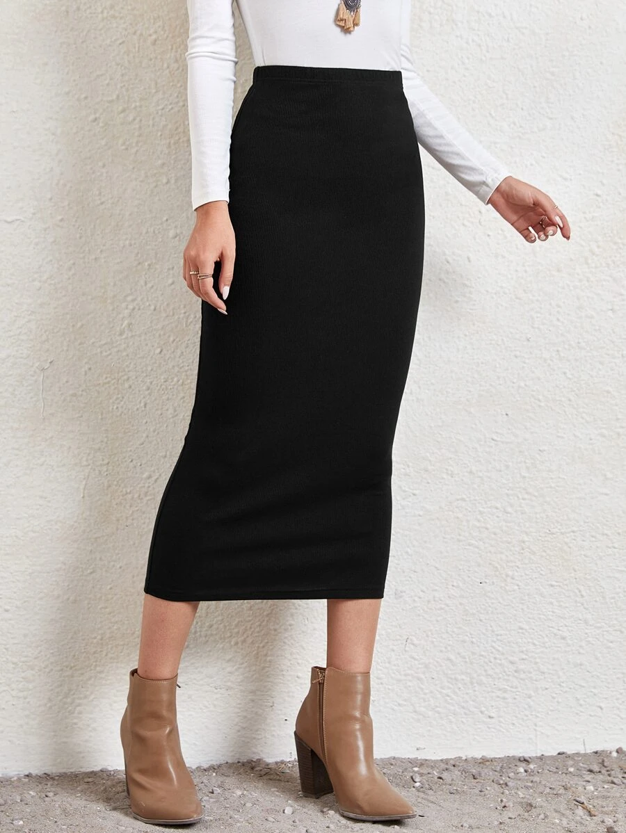 EMERY ROSE Women High Waist Ribbed Knit Skirt Fall Skirts Business Casual Women Teacher Clothes,Ladies Elegant Long Skinny High Waist Black Viscose Plain Women Skirts,Spring/Fall,Professional/Business Attire/Workwear - Black - View 1