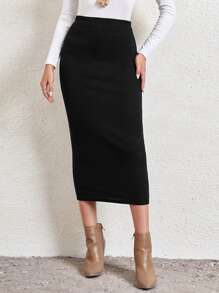 EMERY ROSE Women High Waist Ribbed Knit Skirt Fall Skirts Business Casual Women Teacher Clothes,Ladies Elegant Long Skinny High Waist Black Viscose Plain Women Skirts,Spring/Fall,Professional/Business Attire/Workwear - Black - View 3