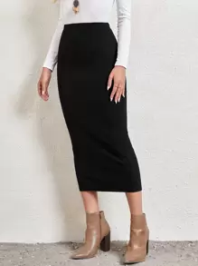 EMERY ROSE Women High Waist Ribbed Knit Skirt Fall Skirts Business Casual Women Teacher Clothes,Ladies Elegant Long Skinny High Waist Black Viscose Plain Women Skirts,Spring/Fall,Professional/Business Attire/Workwear - Black - View 5