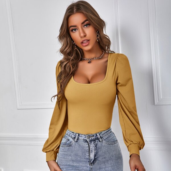 

Scoop Neck Bishop Sleeve Tee, Mustard yellow