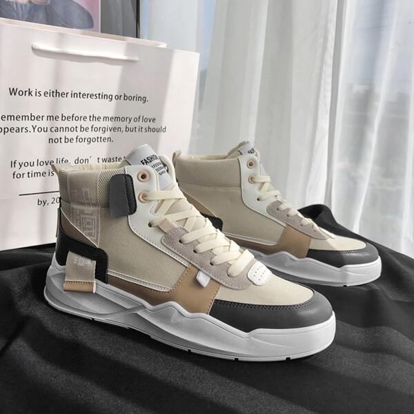 

Men Colorblock Lace-up Front Sneakers, Beige