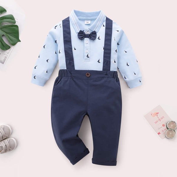 

Baby Sailboat Print Bow Bodysuit & Overall Jumpsuit, Multicolor