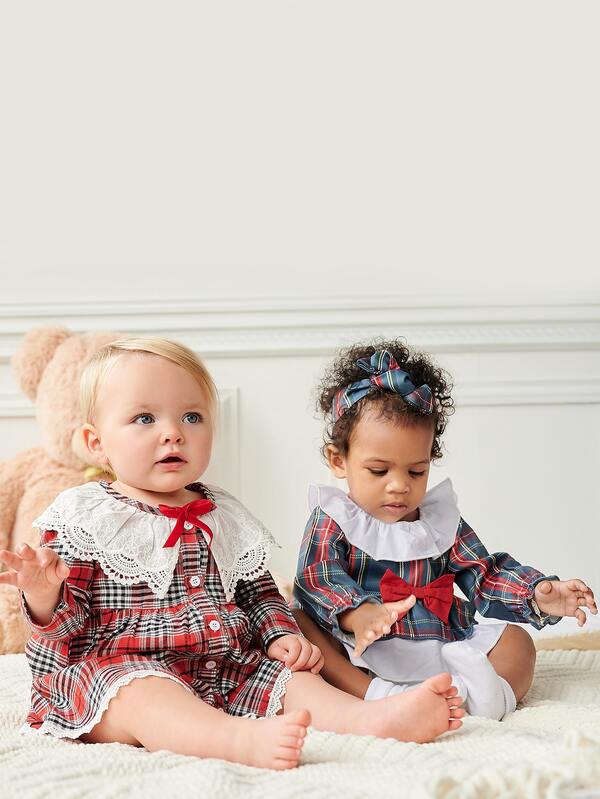 Bebe Fille Body A Carreaux A Nœud Papillon Shein