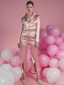 Mathilde Lhomme 西裝領緞面短版西裝 - 粉色 - 查看 3