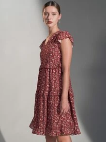 Douceur d'Automne Ditsy Floral Ruffle Trim Smock Dress - Burgundy - View 3