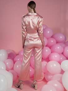 Mathilde Lhomme 西裝領緞面短版西裝 - 粉色 - 查看 2