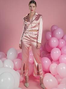 Mathilde Lhomme 西裝領緞面短版西裝 - 粉色 - 查看 5