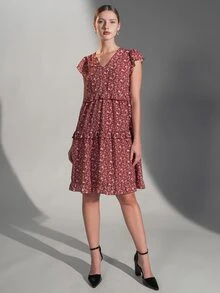 Douceur d'Automne Ditsy Floral Ruffle Trim Smock Dress - Burgundy - View 6