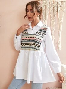 Mulvari Áo Peplum Chevron tương phản - trắng - Xem 1