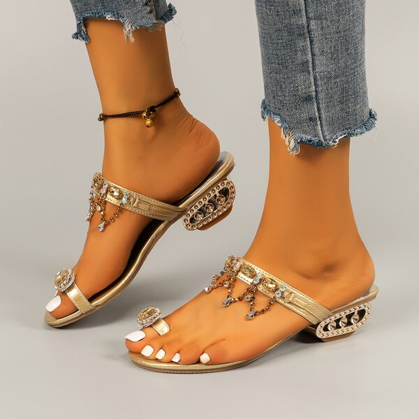 

Rhinestone & Gemstone Decor Thong Sandals, Gold